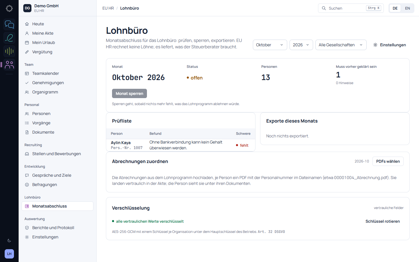 Der Monatsabschluss in EU HR mit Änderungen, Abwesenheiten und Übergabe an das Lohnbüro.